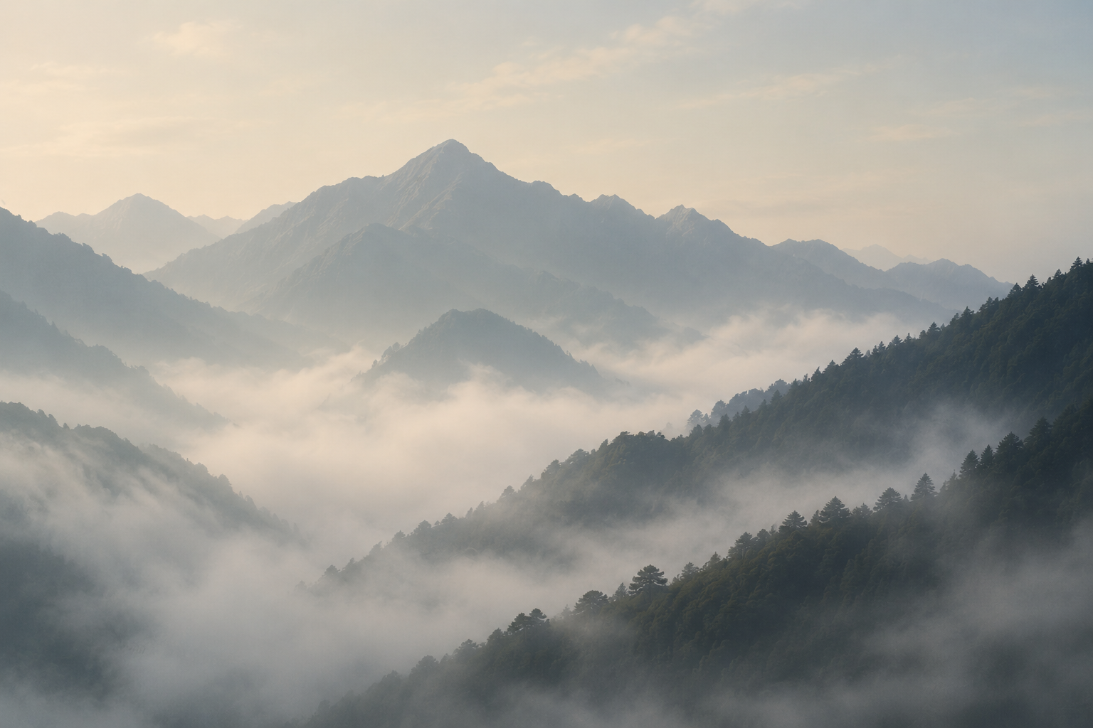 Montañas japonesas en la niebla