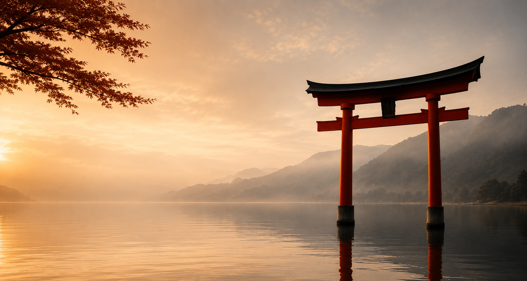 Puerta japonesa Torii sobre el agua al amanecer