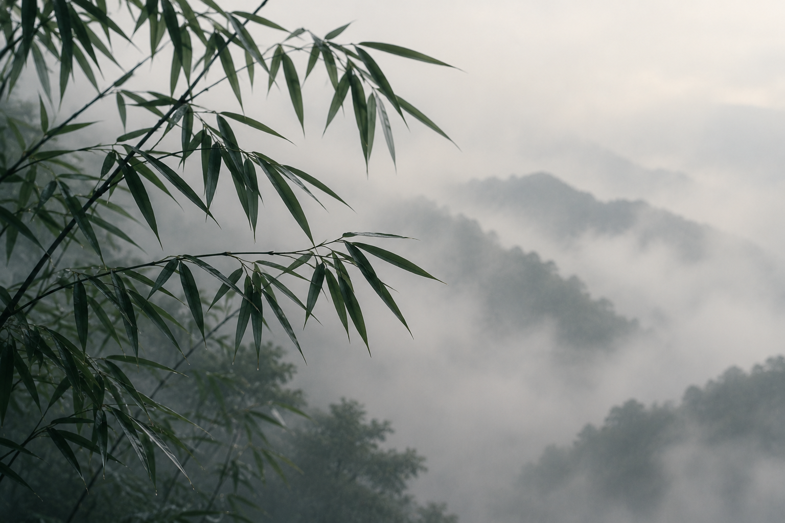 Hojas de bambú en la niebla